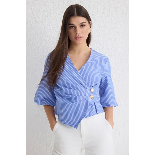 Trendyol Blue Double Breasted Striped Woven Woven Blouse