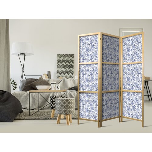  Japanski paravan - Illustration in Vintage Style - Blue Flowers on a White Background Cene