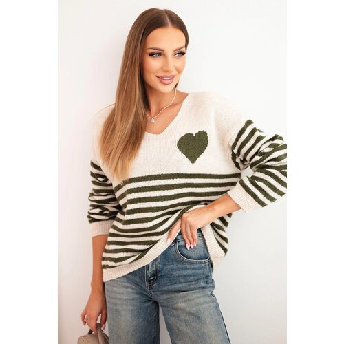 Kesi Włoski Women&amp;#039;s striped sweater with a heart, mohair, and V-neck khaki Slike