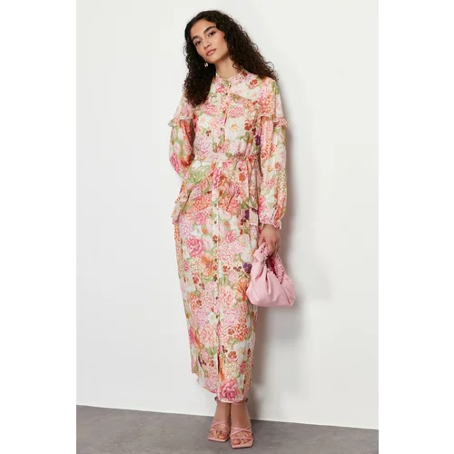 Trendyol Pink Floral Ruffle Detailed Lined Woven Chiffon Dress