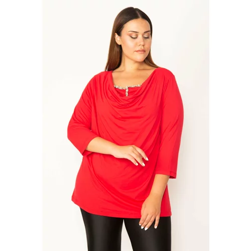 Şans Women's Plus Size Red Low Collar Stone Detailed Capri Sleeve Blouse