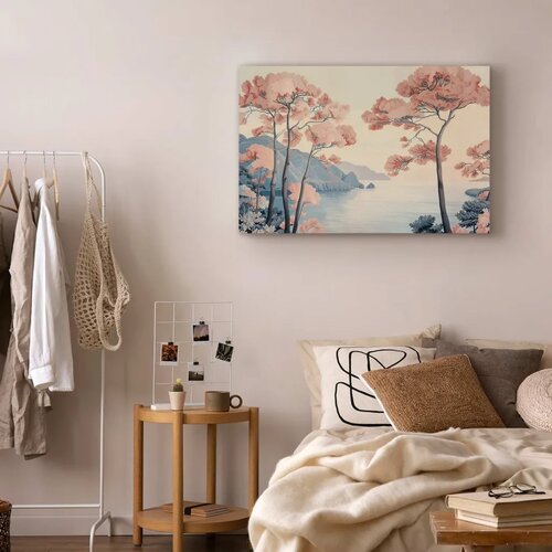  Slika - Landscape with the Ocean Cliffs and Trees in Delicate Pink Shades 30x20 Standard Cene