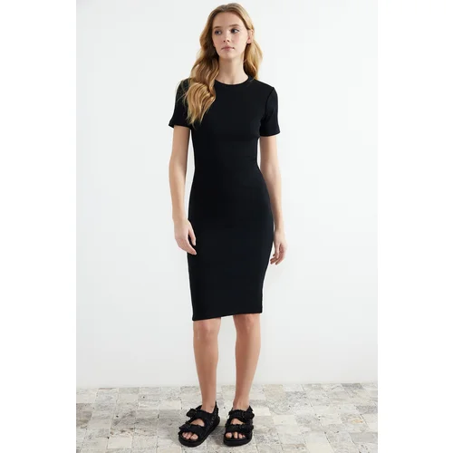 Trendyol Black Crew Neck Short Sleeve Ribbed Flexible Knitted Midi Dress