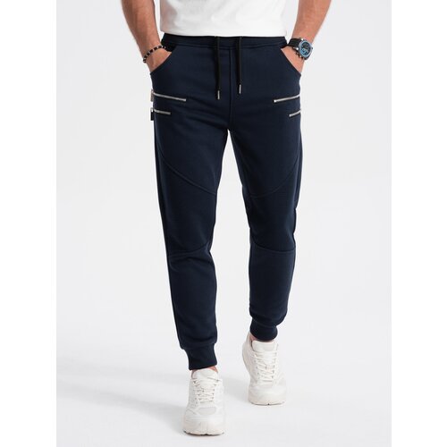 Ombre Men's sweatpants with decorative zippers - navy blue Slike