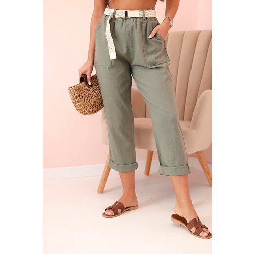 Kesi Włoski Women's linen cotton pants with a belt khaki Cijene