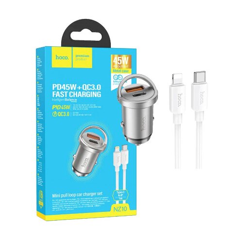 Hoco NZ10 praktičan auto punjač, ​​tip C na Lightning kabel, PD45W+QC3.0, sivi Cijene