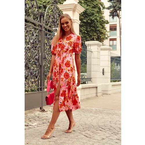 Fasardi A floral dress with a frill in pink and orange