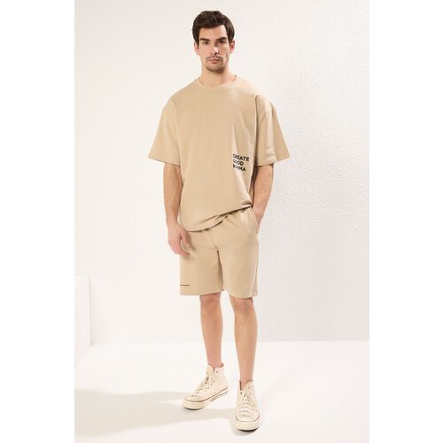 Trendyol Beige Tracksuit Relaxed Cut Text Printed Cotton Slike