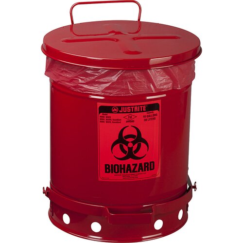 Justrite Varnostna posoda iz jeklene pločevine za odstranjevanje biološko nevarnih odpadkov, nalepka za biološko nevarnost BIOHAZARD, prostornina 34 l Cene