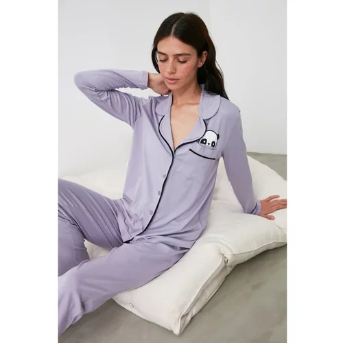 Trendyol Lilac Panda Printed Knitted Pajamas Set