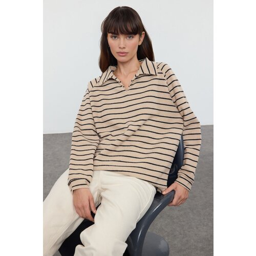 Trendyol Beige*001 Striped Oversize/Wide Pattern Thessaloniki Polo Collar Knitted Sweatshirt Slike