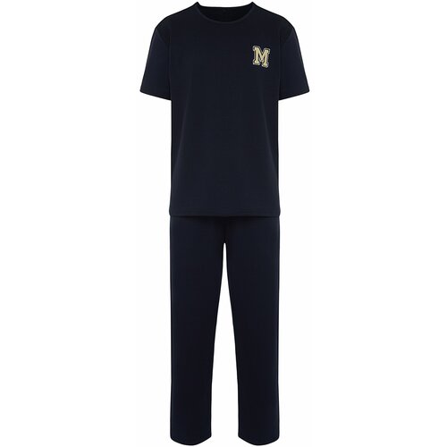 Trendyol Men's Navy Blue Short Sleeve Printed Regular Fit Pajama Set Slike