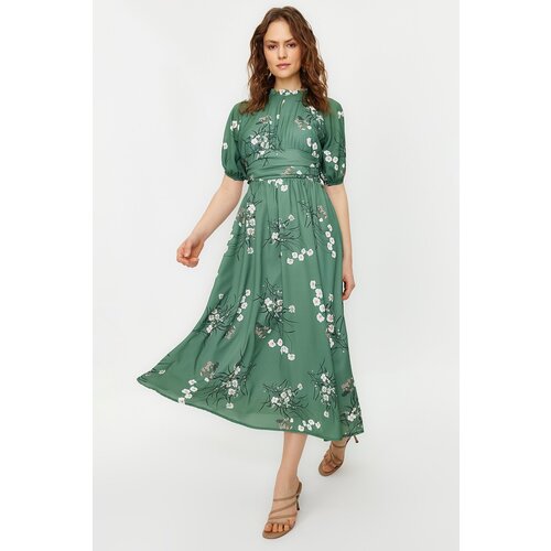 Trendyol Green Balloon Sleeve Floral Long Dress Slike