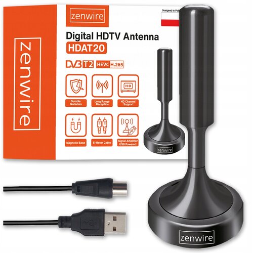Zenwire HDAT20 notranja DVB-T2 TV antena z ojačevalnikom HEVC H.265, magnetna osnova, 5 m kabel, USB napajanje, (5000194441) Cene