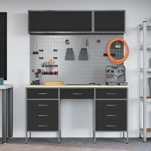vidaXL 8-delni delovni kabinet in pegboard komplet Črn MDF in kovina Cene