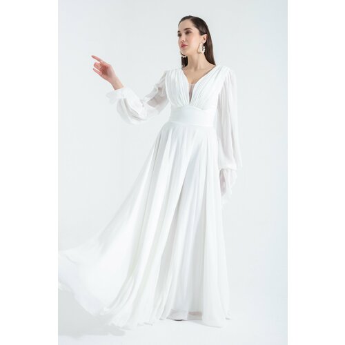 Lafaba women's white v-neck long chiffon evening dress Slike
