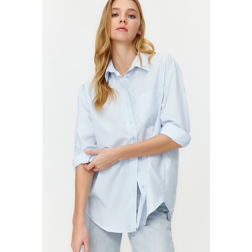 Trendyol Blue Wide Fit Oversize Cotton Woven Shirt Slike