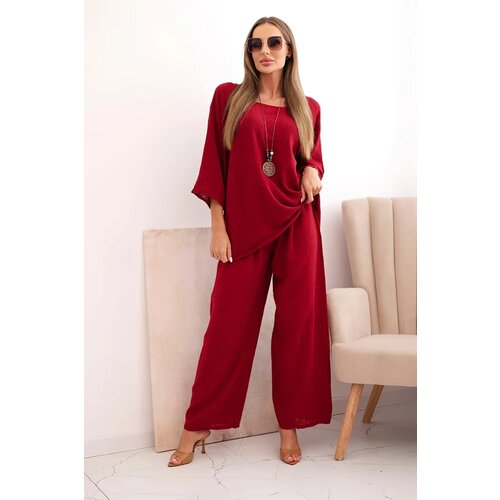 Kesi Włoski Women&amp;#039;s set made of viscose, blouse with necklace and pants burgundy Slike