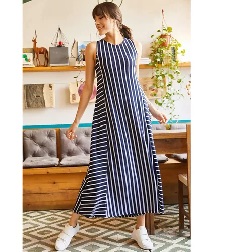 Olalook Women's Navy Blue Striped Long Loose Dress