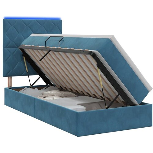 VidaXL postelja z vzmetnico z dvižnim mehanizmom, žamet, temno modra, 90&amp;times;200 cm Slike