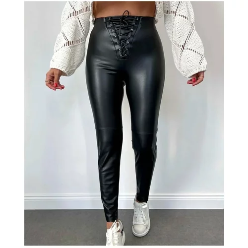 Laluvia Black Leather Leggings with Rope Detail on the Front