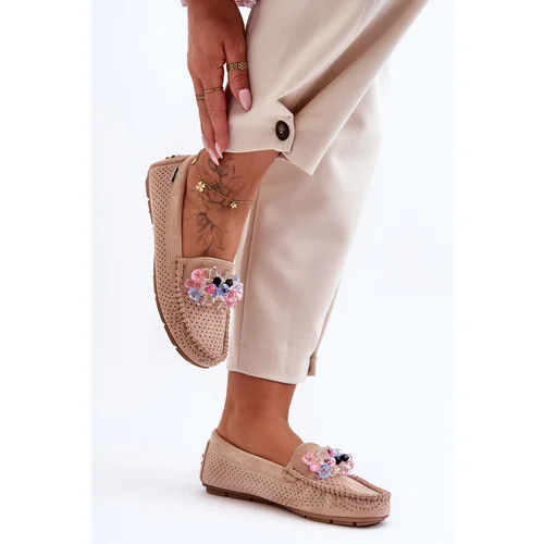 PM1 Stylish Suede Moccasins with Decorations Beige Delima