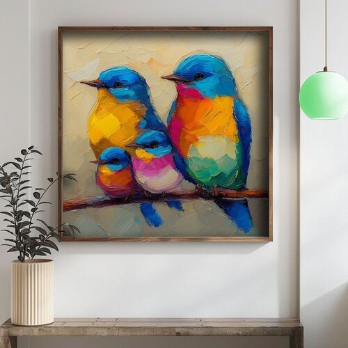 Wallxpert uramljena mdf slika DOS061-70, četiri šarene ptice na grani, slikano špahtlom, 70 x 70 cm Cene
