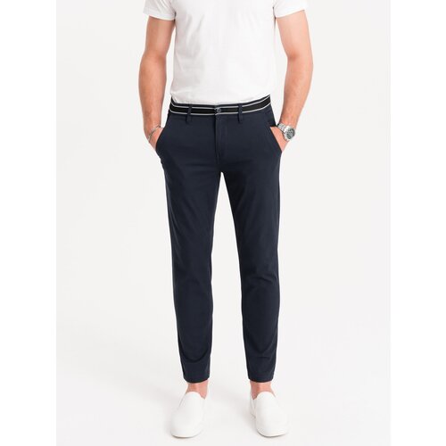 Ombre Men's chino pants with decorative waistband - navy blue Cene