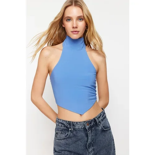 Trendyol Blue High Collar Crop Backless Flexible Knitted Blouse