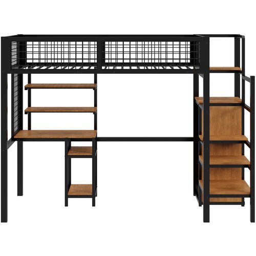Lumor Postelja z mezzanine 90x200 cm s pisalno mizo, policami, stopnicami in omaro - Kovinska konstrukcija - Črna, (22155534) Cene