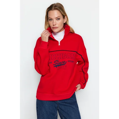 Trendyol Red Zipper Printed Oversized Thick Fleece Inside Knitted Sweatshirt