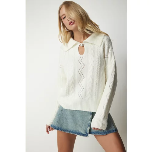 Happiness İstanbul Women's Bone Pearl Buttons Pattern Knitwear Sweater