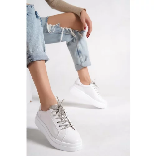 Capone Outfitters Capone Round Toe Women's Sneakers with Stones and Lace-Up White