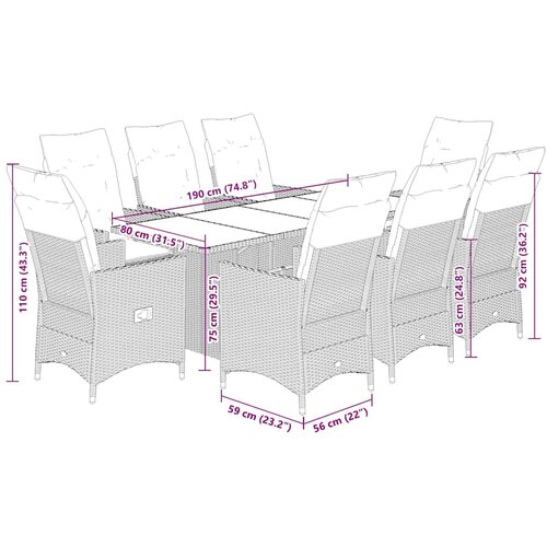  9-dijelni vrtni blagovaonski set s jastucima crni od poliratana Crna 190 x 80 x 75 cm Slike