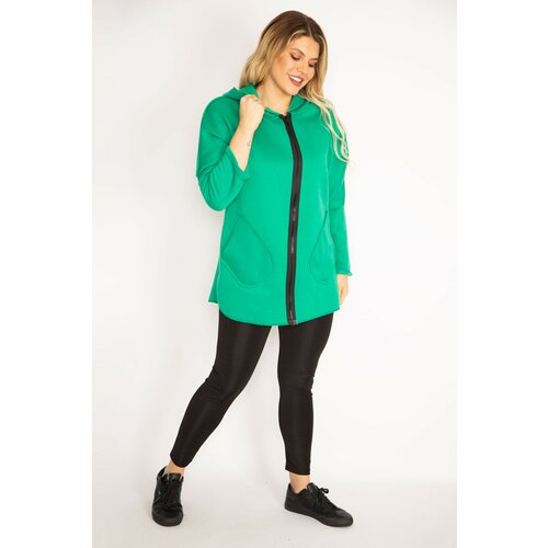 Şans Women's Plus Size Green Front Zippered Pocket And Hooded Coat Slike