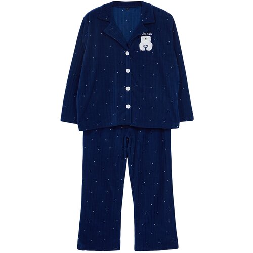 Trendyol curve navy blue polka dot shirt collar knitted pajama set Cene