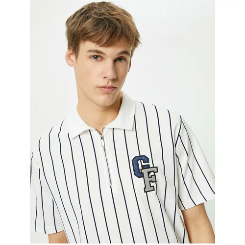 Koton College T-Shirt Collar Half Zipper Embroidered Short Sleeve