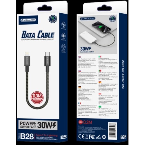 Jellico podatkovni polnilni kabel B28 Type C na Lightning 0,3m 30W - črn Cene