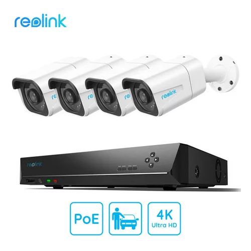 Reolink RLK8-800B4-A varnostni komplet, 1x NVR snemalna enota (2TB HDD) + 4x IP kamere B800, zaznavanje gibanja / oseb / vozil, 4K Ultra HD, IR LED luči, snemanje zvoka, aplikacija, IP66 vodoodpornost