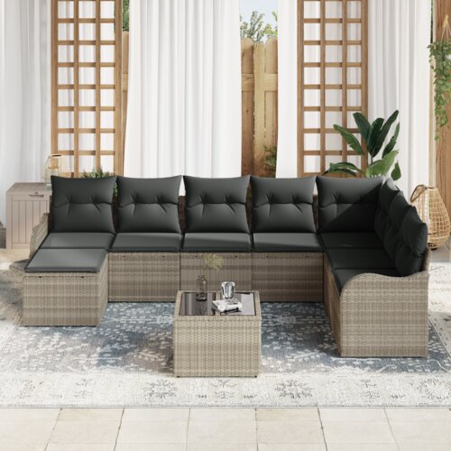 VidaXL 9-dijelni vrtni sofa set s jastučićima sivi poli ratan, 2-sjedalni vrtni kauč s jastučićima svjetlosiva poli ratan Slike