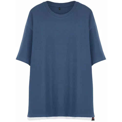 Trendyol Plus Size Indigo Men's Relaxed/Comfortable Cut 100% Cotton Textured T-Shirt