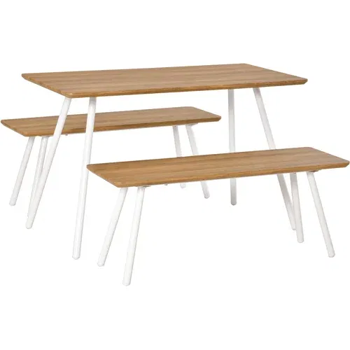 HOMCOM Jedilna miza v nordijskem slogu z dvema klopema za dnevno sobo, salon in kuhinjo, MDF in kovina, bela barva, (20745735)