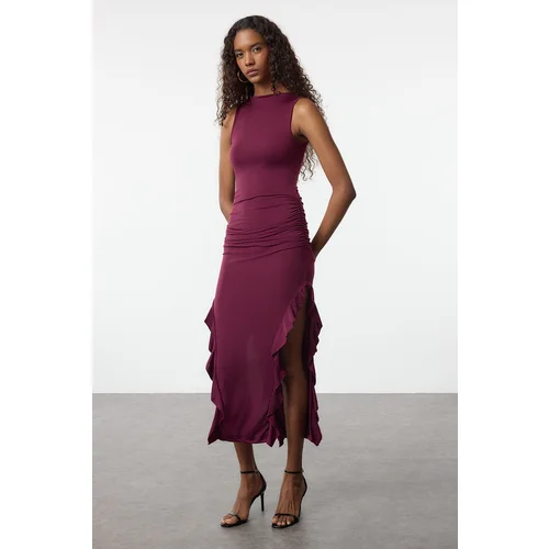  Plum Bodycone Zero Sleeve Slit Ruffle Detail Flexible Maxi Pencil Dress