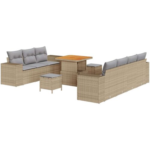 10-dijelni set vrtnog kauča s jastučićima bež poliratan akacije  3-dijelni set vrtnog blagovaona s jastučićima bež poliratan aka Cijene
