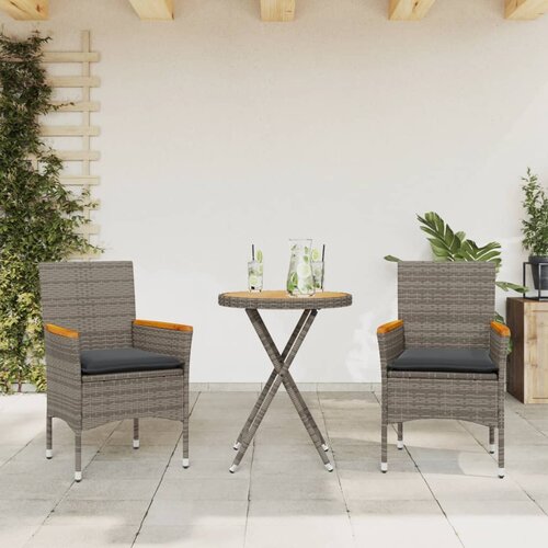 VidaXL Bistro garnitura 3-delna z blazinami siv poli ratan in akacija Slike