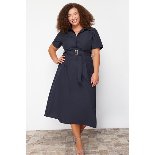 Trendyol Curve Navy Blue Belt Detailed Woven Plus Size Dress Cene