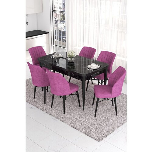 Hanah home Eva - Black Marble, Purple Black MarblePurple Extendable Dining Table & Chairs Set (7 Pieces) Cene