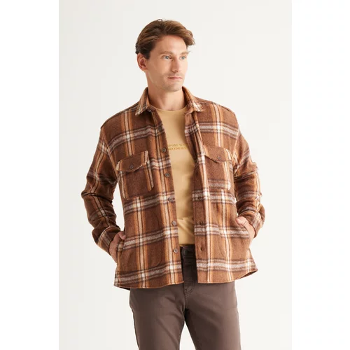AC&Co / Altınyıldız Classics Men's Brown-mink Oversize Loose Cut Button Collar Checked Lumberjack Winter Shirt Jacket