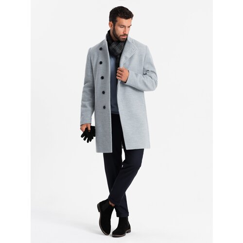 Ombre Men's coat with high collar and asymmetrical fastening - grey melange Slike