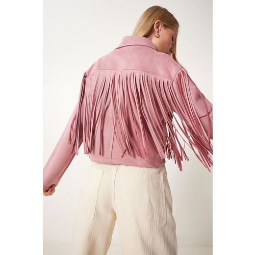 Happiness İstanbul Women's Dusty Rose Shirt Collar Tassel Suede Jacket Slike